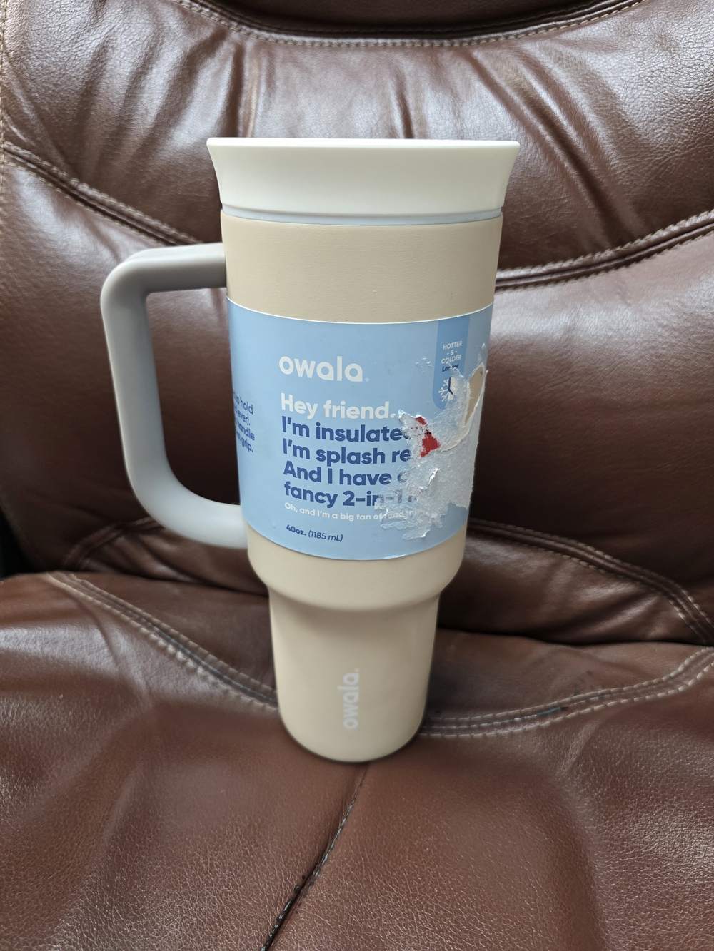 Owalo Beige & Gray Insulated Travel Mug with Handle